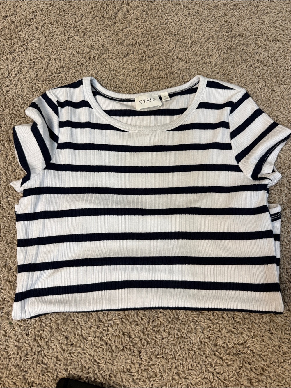 Cyrus Navy and White Stripe Ribbed Crop Tee